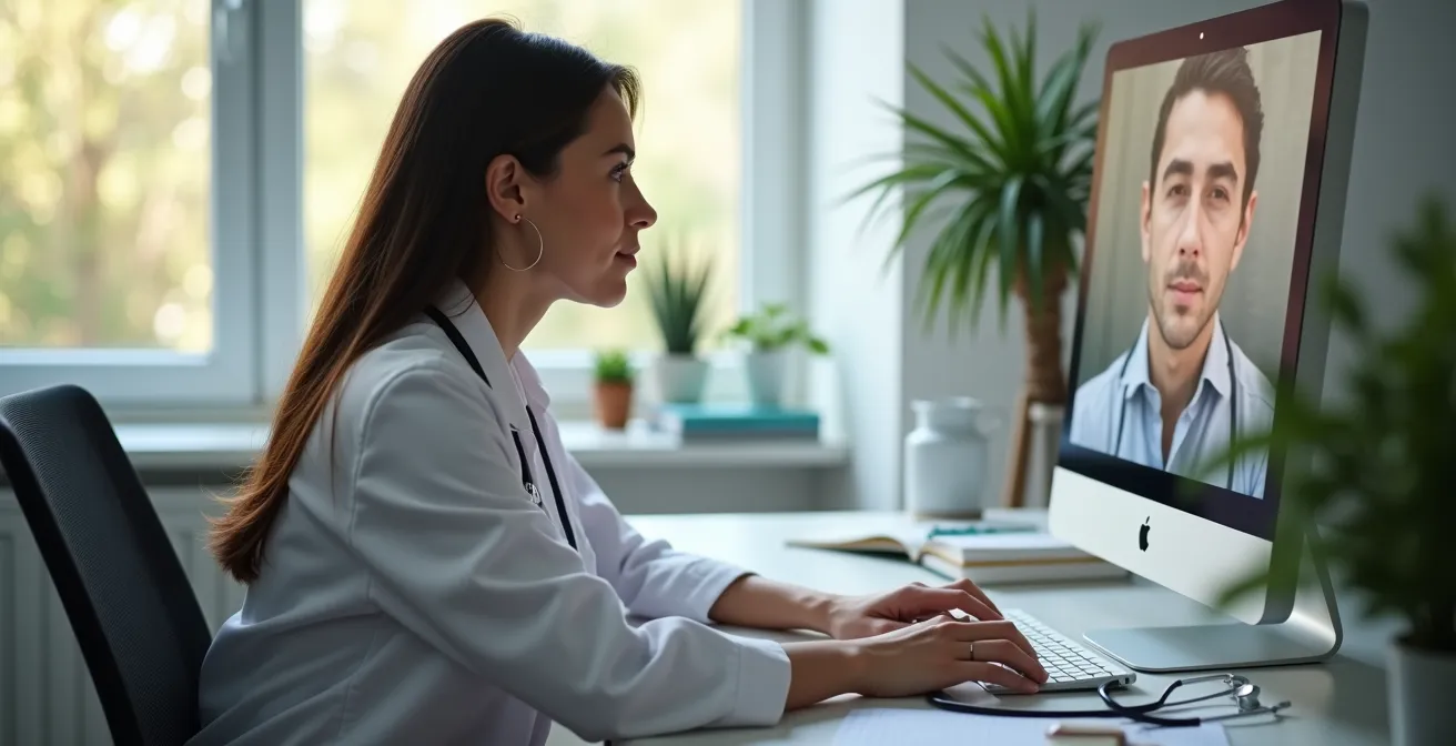 Bureau moderne de télémédecine montrant une consultation virtuelle professionnelle dans un environnement épuré