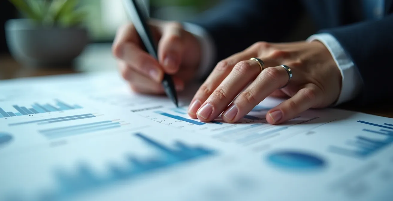 Gros plan sur des mains analysant des graphiques financiers abstraits