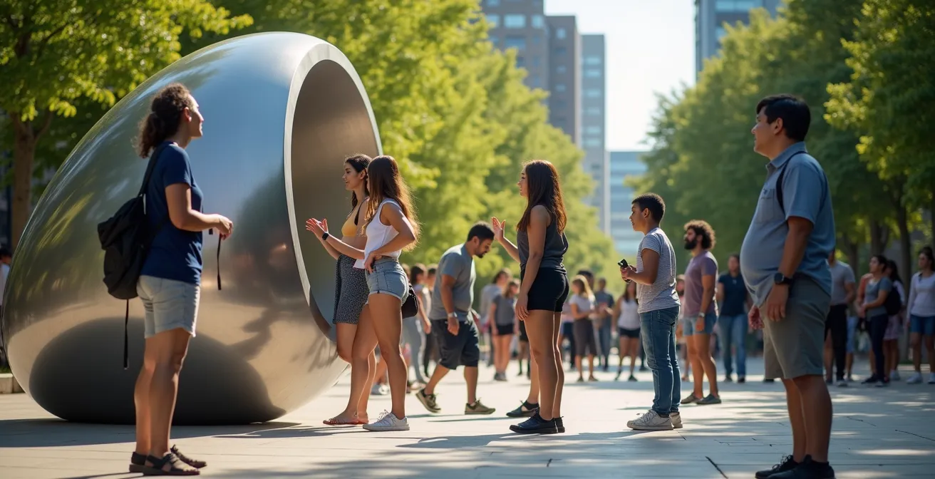Installation d'art public dans un parc urbain de Montréal avec des visiteurs explorant l'œuvre