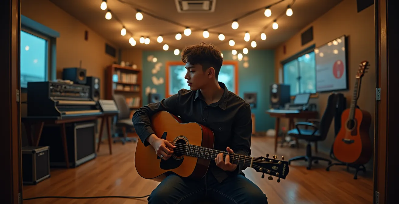 Représentation visuelle du choix entre indépendance et signature avec un label pour un musicien