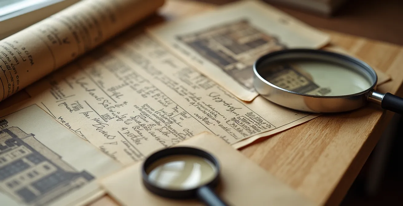 Table de travail avec documents patrimoniaux, pétition et plans architecturaux anciens