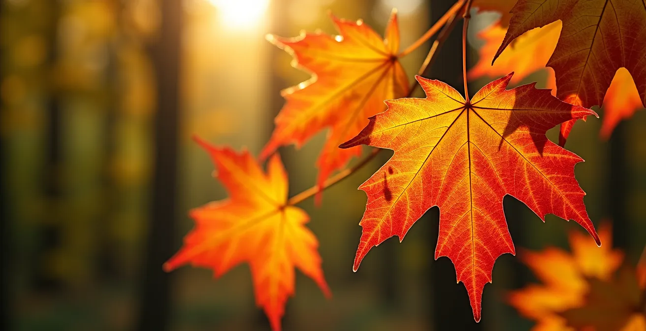 Forêt d'érables québécoise en automne avec gradient de couleurs du vert au rouge flamboyant
