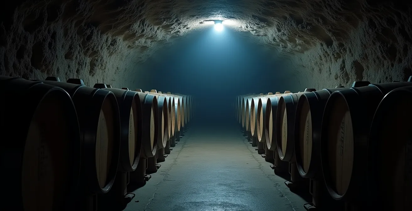 Cave de vieillissement avec barils de chêne dans une microbrasserie artisanale québécoise