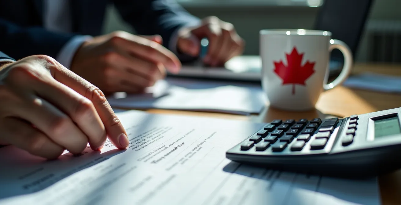 Bureau avec documents de demande de subvention et ordinateur pour artiste musical québécois