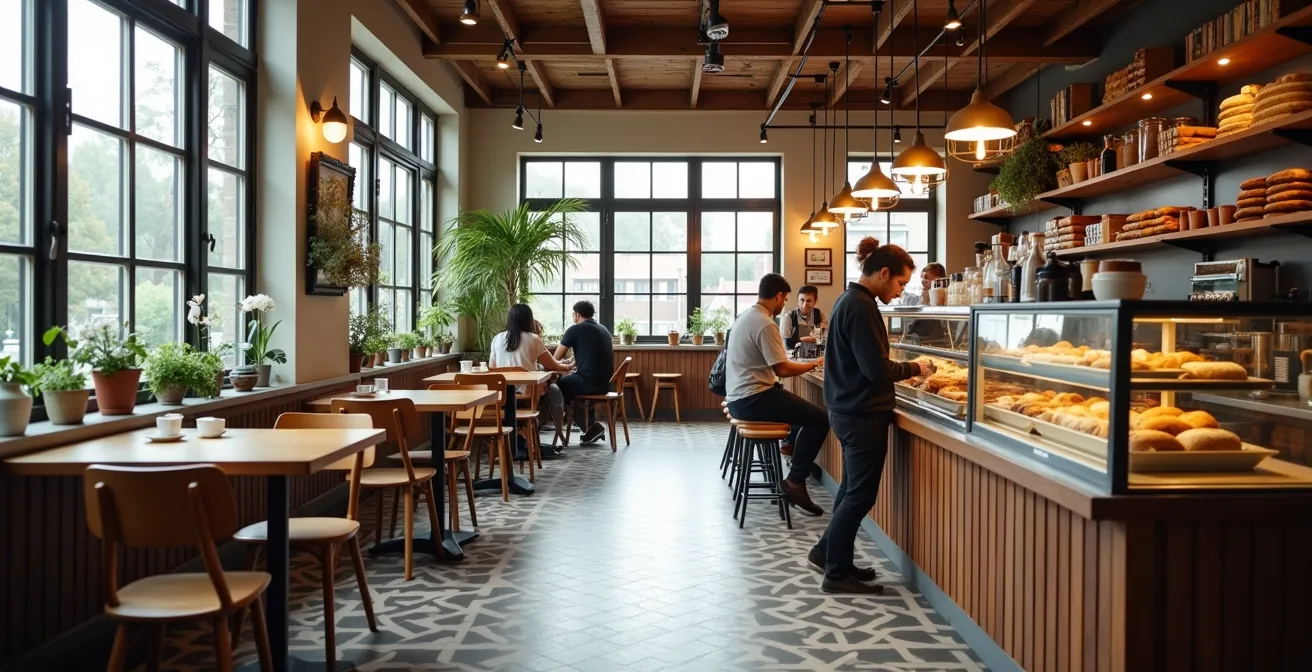 Intérieur chaleureux d'un café-boulangerie de quartier avec clients locaux