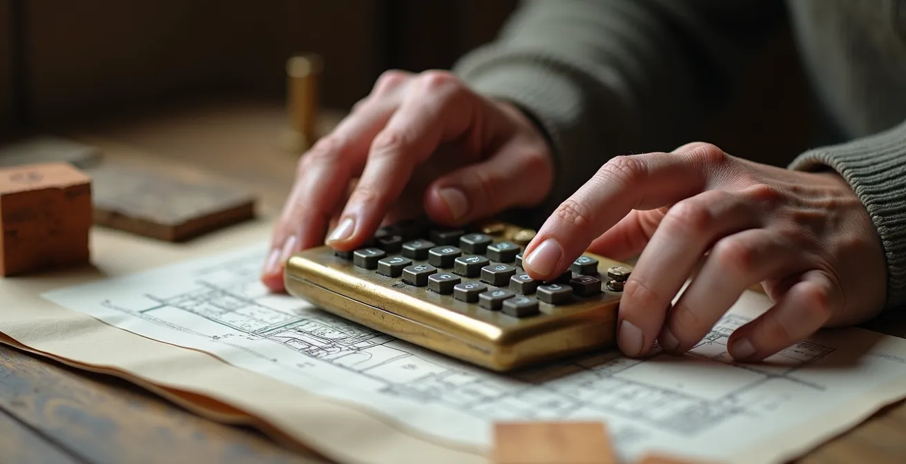 Main tenant une calculatrice devant des plans de rénovation et échantillons de matériaux patrimoniaux sur table de bois