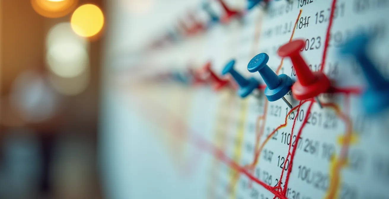 Vue macro d'un calendrier de production avec marqueurs colorés pour les dates de dépôt de financement