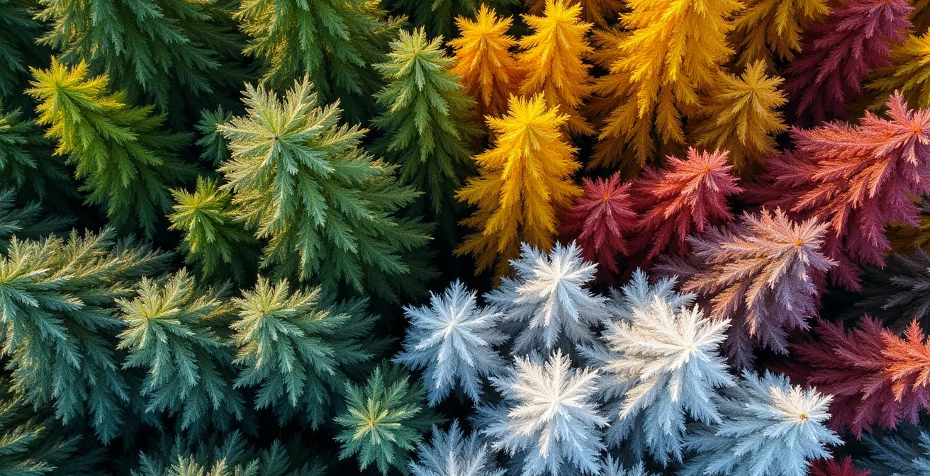 Vue aérienne d'une forêt québécoise montrant la transition des saisons avec quatre quadrants de couleurs distinctes