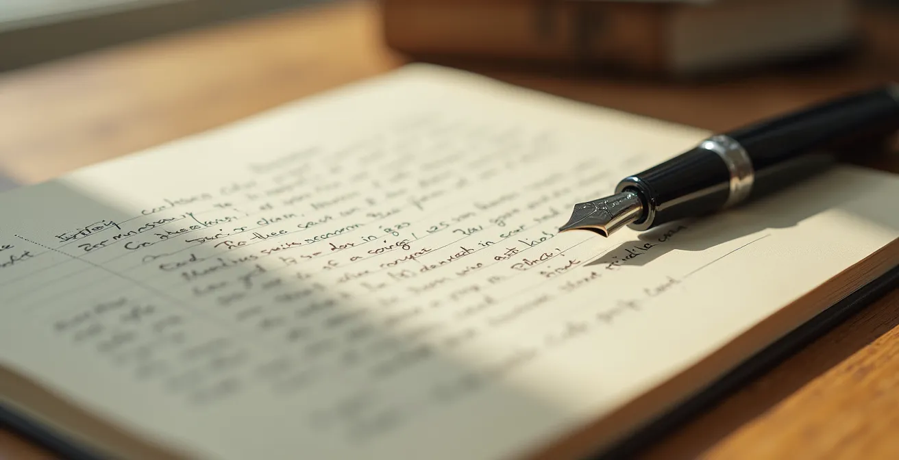 Main tenant un carnet de notes avec des colonnes pour apprendre les expressions québécoises.