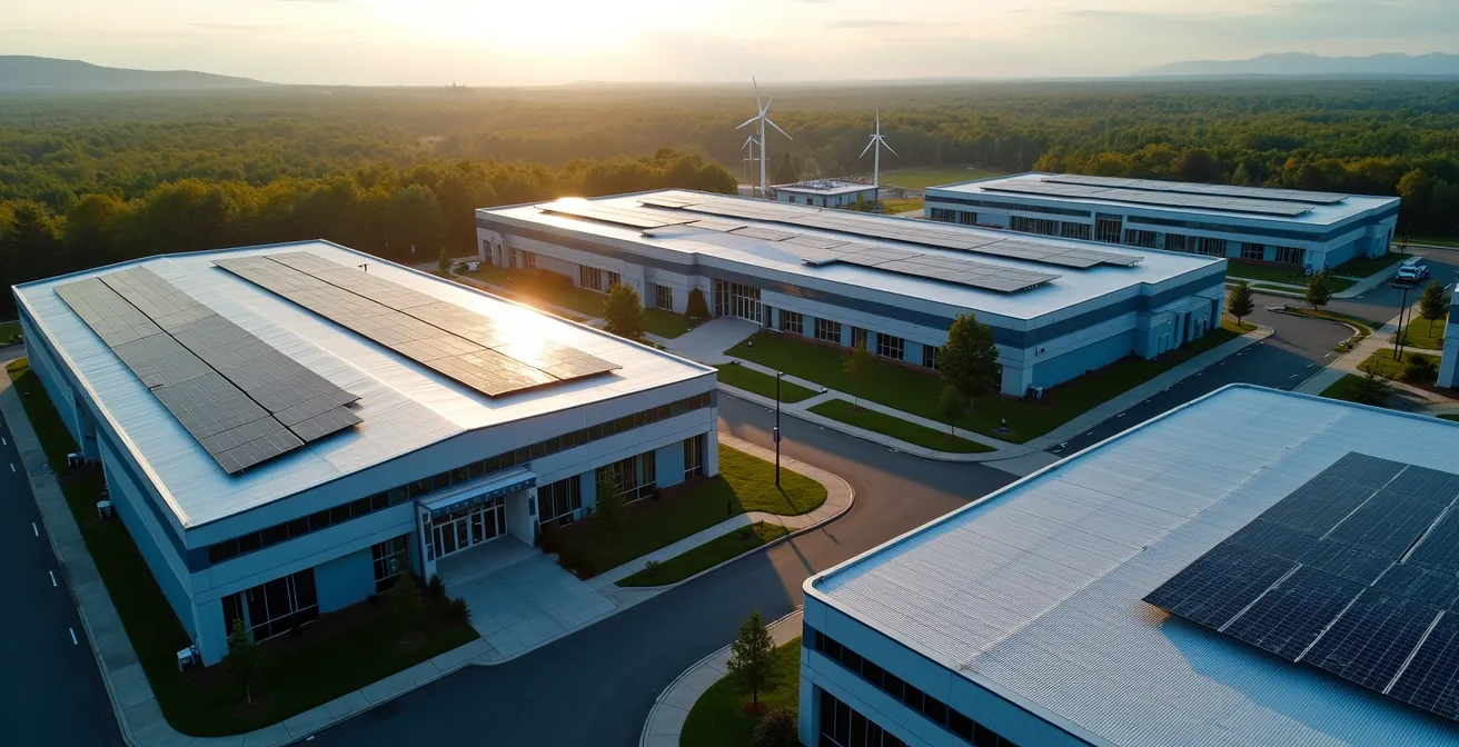 Vue aérienne d'un parc industriel de technologies propres au Québec avec installations modernes