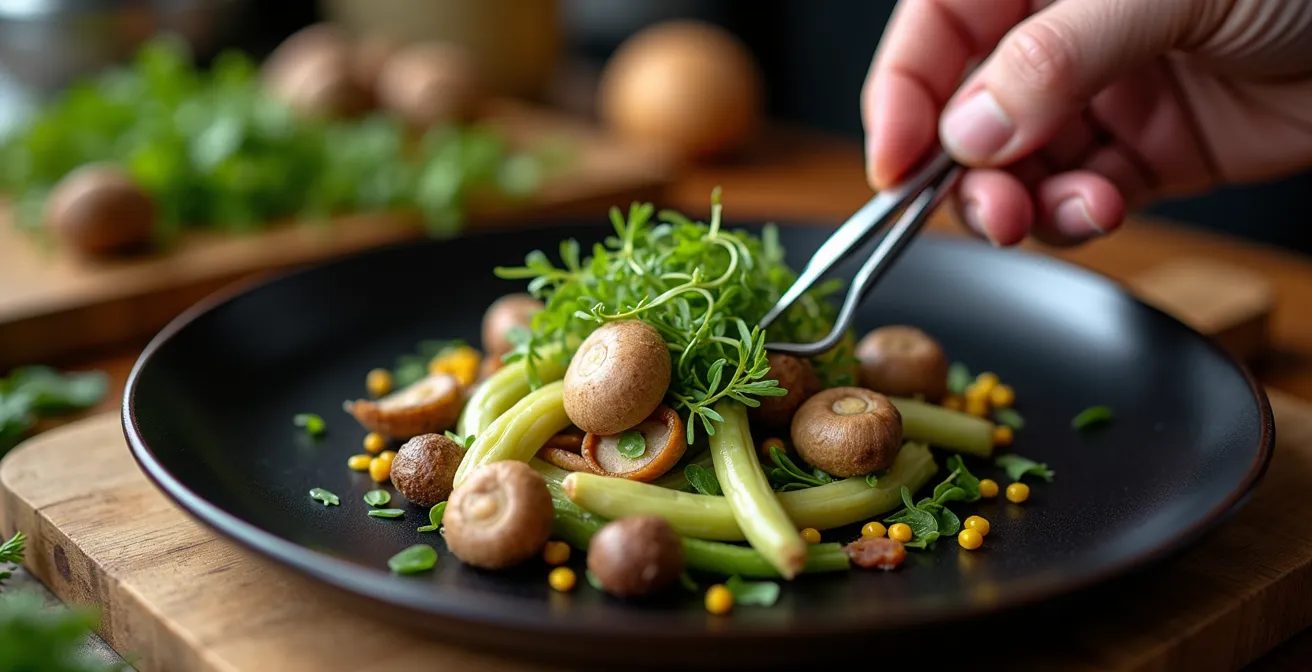Chef préparant un plat avec des ingrédients sauvages québécois dans une cuisine moderne