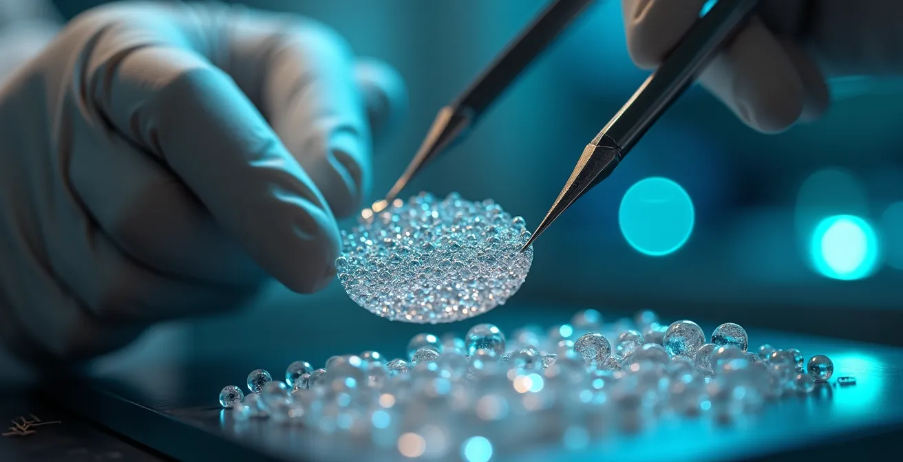 Gros plan sur les mains d'un chercheur analysant des matériaux pour batteries