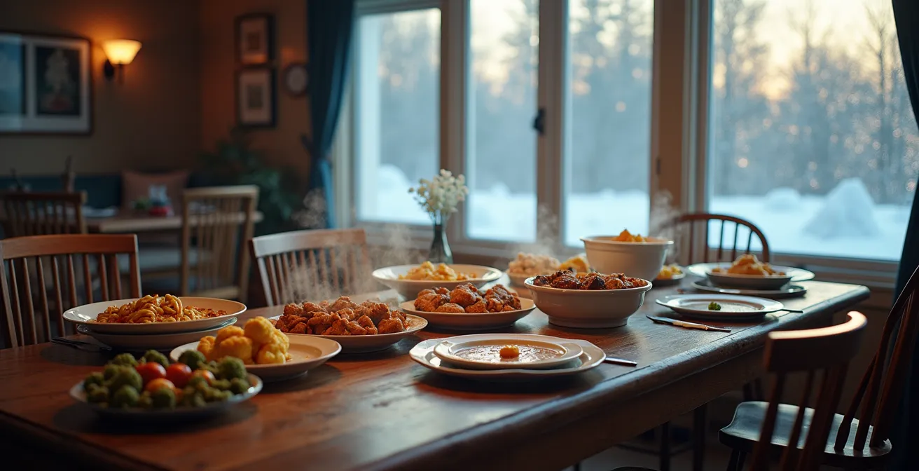 Table familiale québécoise avec plats réconfortants traditionnels dans un décor chaleureux