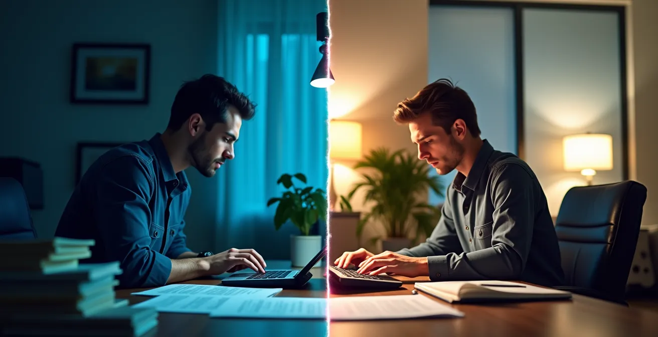 Comparaison visuelle des revenus entre freelance et salarié au Québec, montrant la précarité du freelance mal préparé face à la stabilité du salarié.