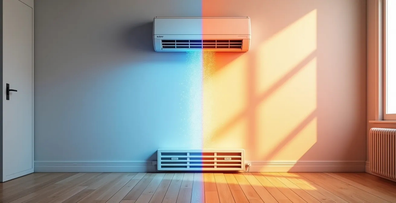 Comparaison visuelle entre thermopompe murale et plinthes électriques dans une maison québécoise