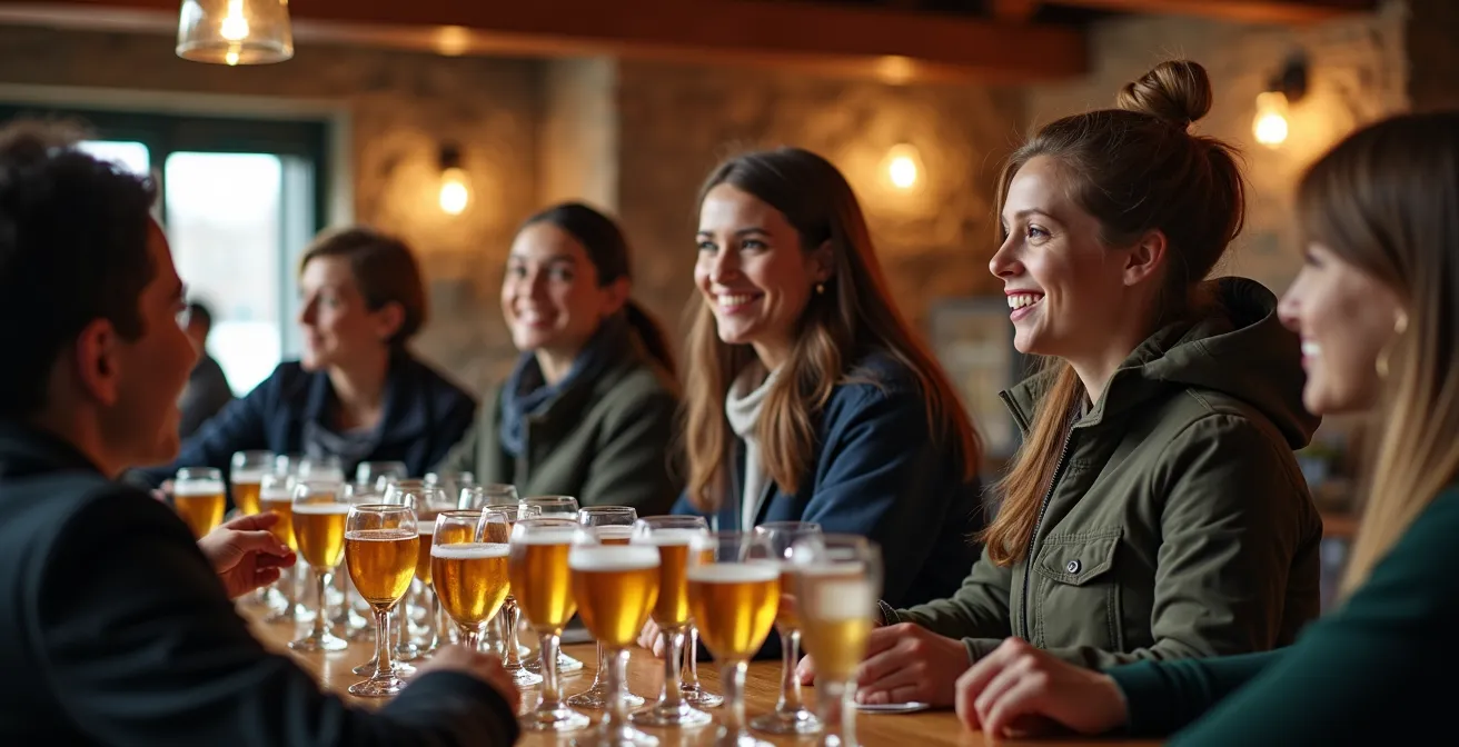 Scène d'agrotourisme avec visiteurs dégustant du cidre de glace dans une cidrerie québécoise