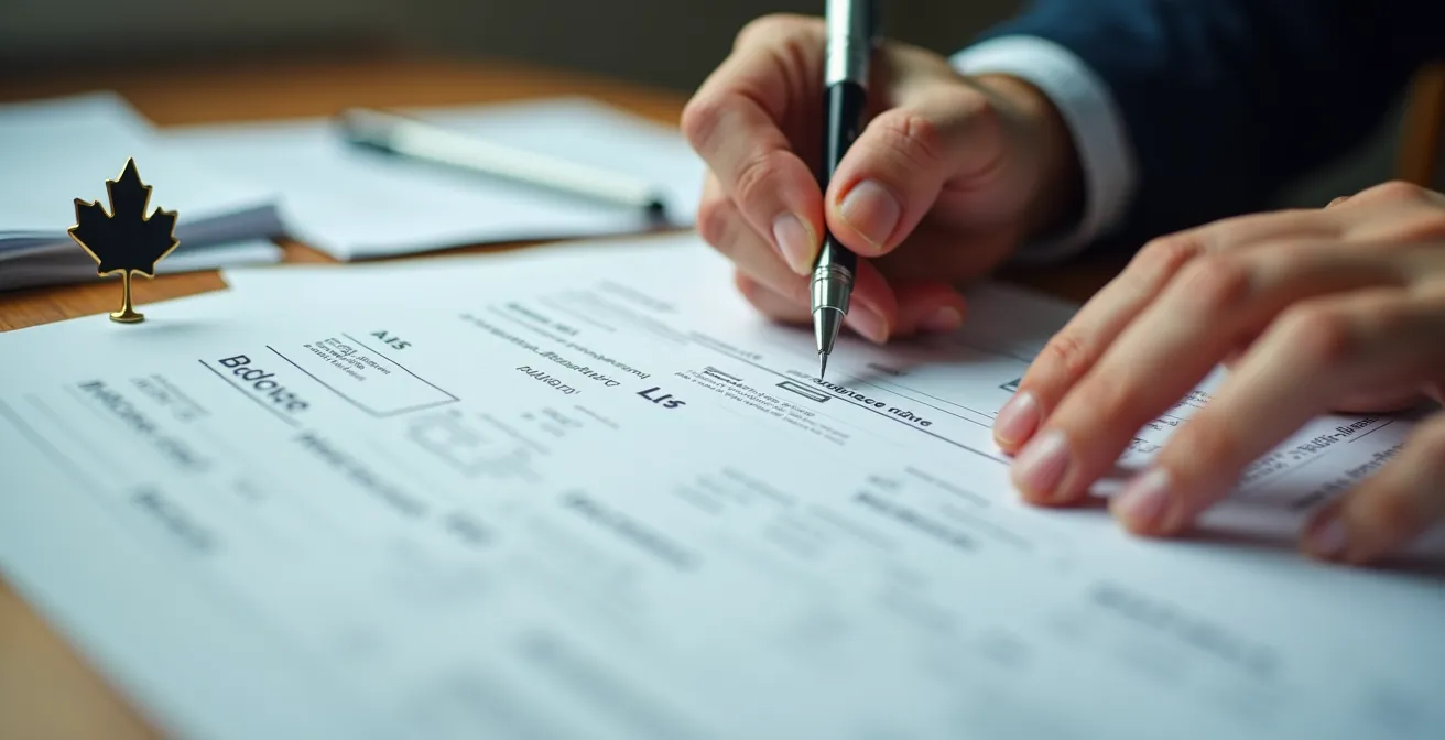Gros plan sur des mains remplissant des formulaires administratifs sur un bureau avec documents québécois