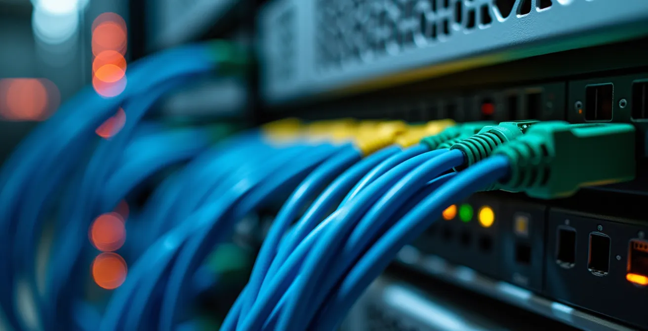 Gros plan sur des câbles de serveur et équipements réseau dans un centre de données