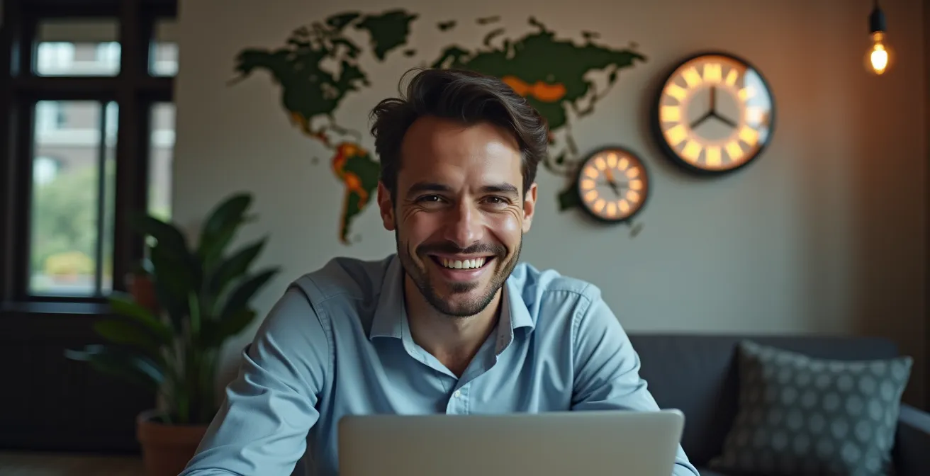 Développeur québécois en vidéoconférence avec des clients internationaux, symbolisant l'équilibre entre travail local et opportunités mondiales.