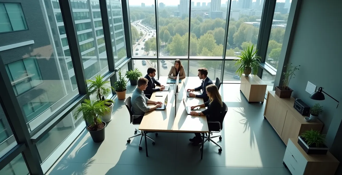 Vue aérienne d'un espace de travail collaboratif multiculturel au Québec
