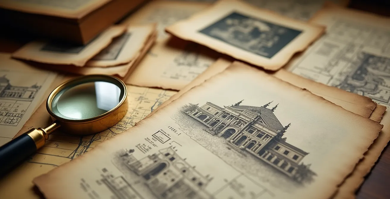 Table de travail avec documents d'archives et photos historiques de bâtiments patrimoniaux
