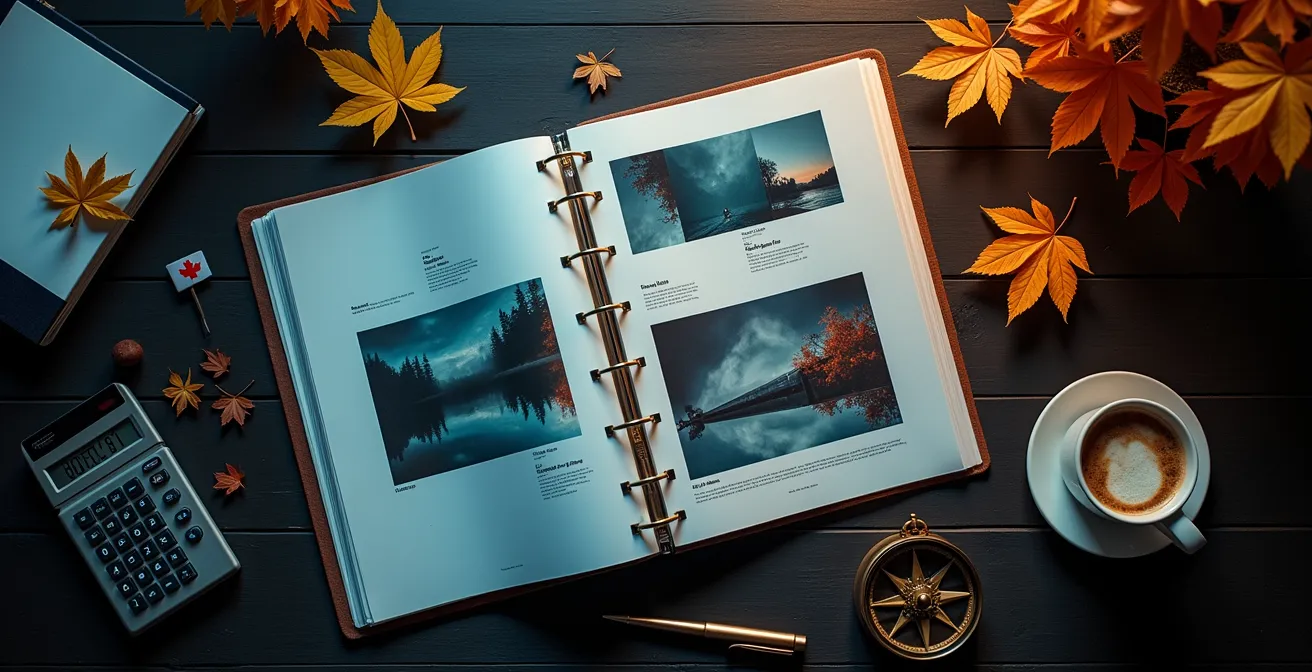 Table de travail avec documents de demande SODEC et matériel créatif pour un projet de film