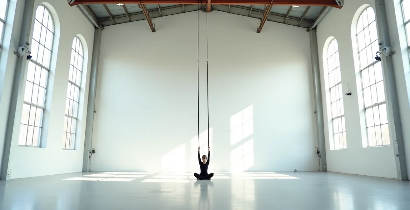Jeune acrobate s'entraînant sur un trapèze dans un studio spacieux avec de hauts plafonds