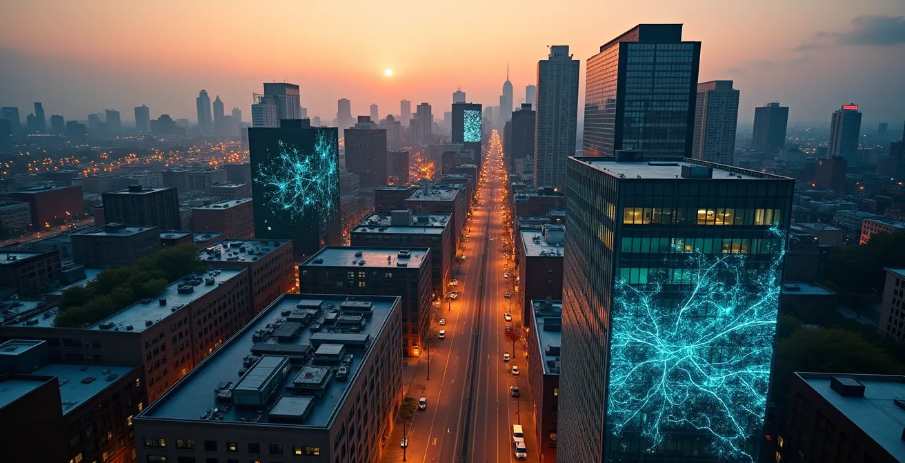 Vue panoramique du Mile-Ex avec représentation symbolique des secteurs IA émergents