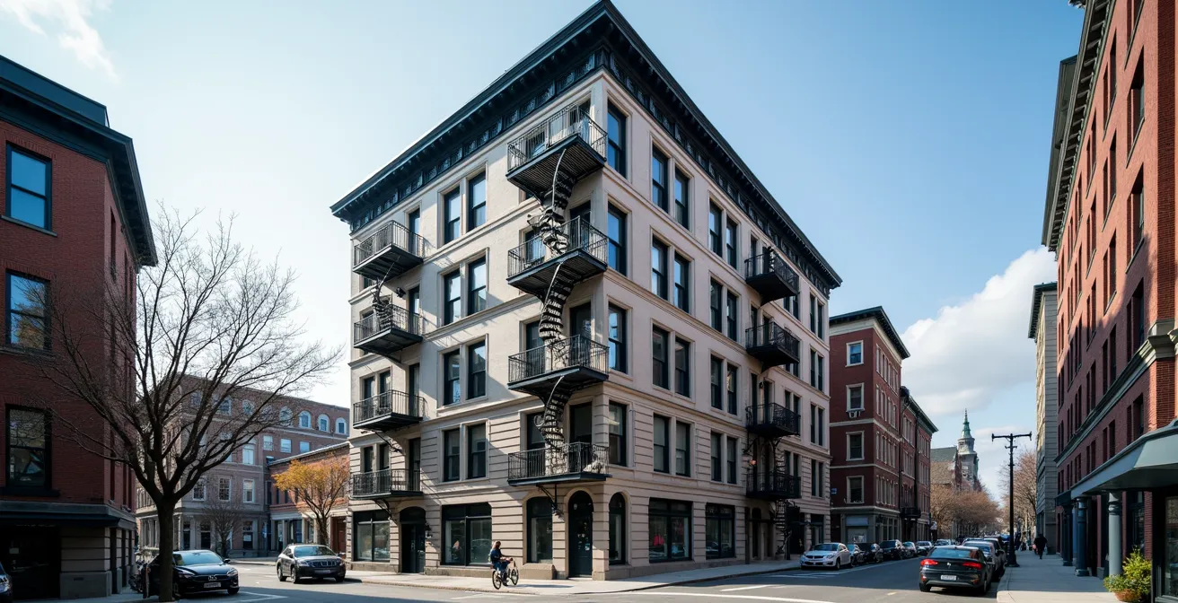 Bâtiment patrimonial restauré de Montréal avec ses détails architecturaux préservés