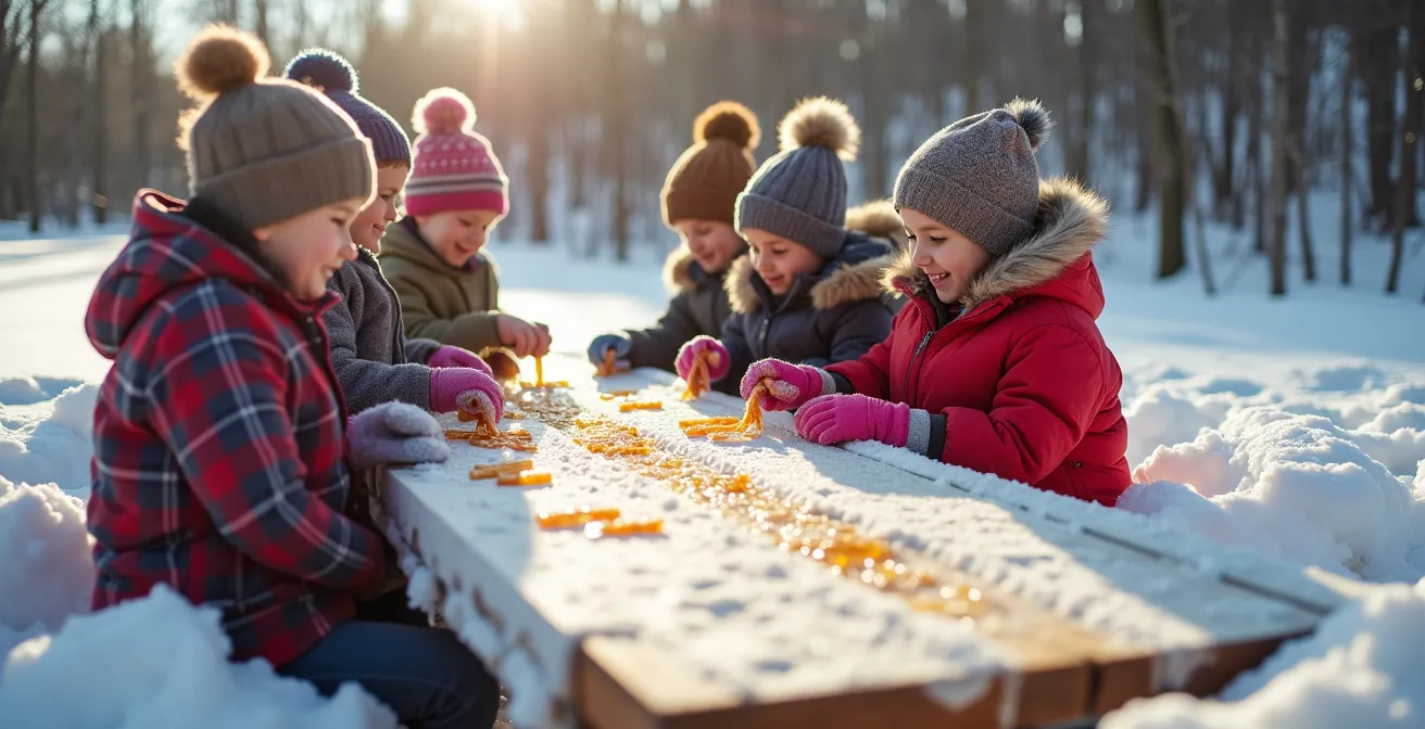 Enfants participant à un atelier de fabrication de tire d'érable sur neige avec outils traditionnels