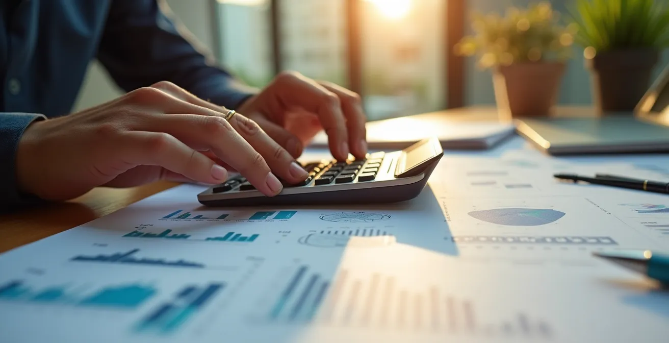 Entrepreneur analysant ses finances dans son bureau avec calculatrice et documents