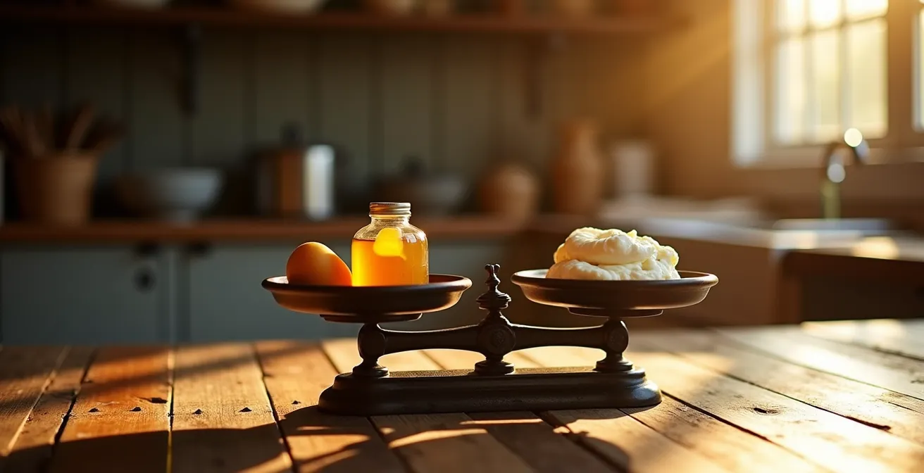 Balance symbolique entre ingrédients traditionnels et modernes sur table de cuisine québécoise
