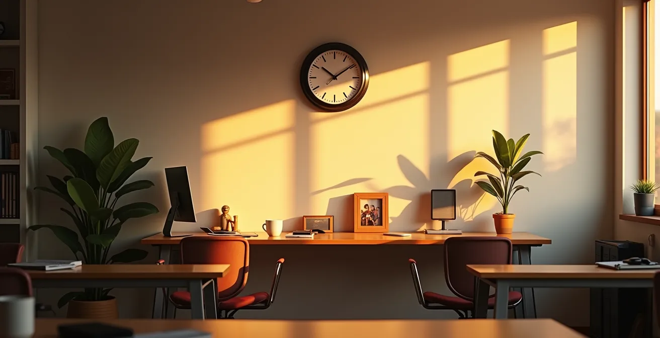 Bureau de développement de jeux vidéo moderne à Montréal en fin de journée avec lumière naturelle