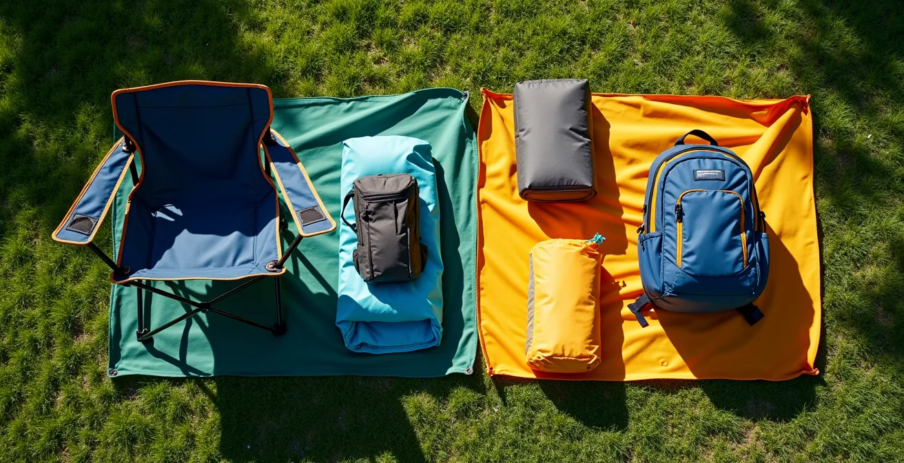 Arrangement minimaliste d'équipement de festival sur herbe verte avec chaise pliante et accessoires