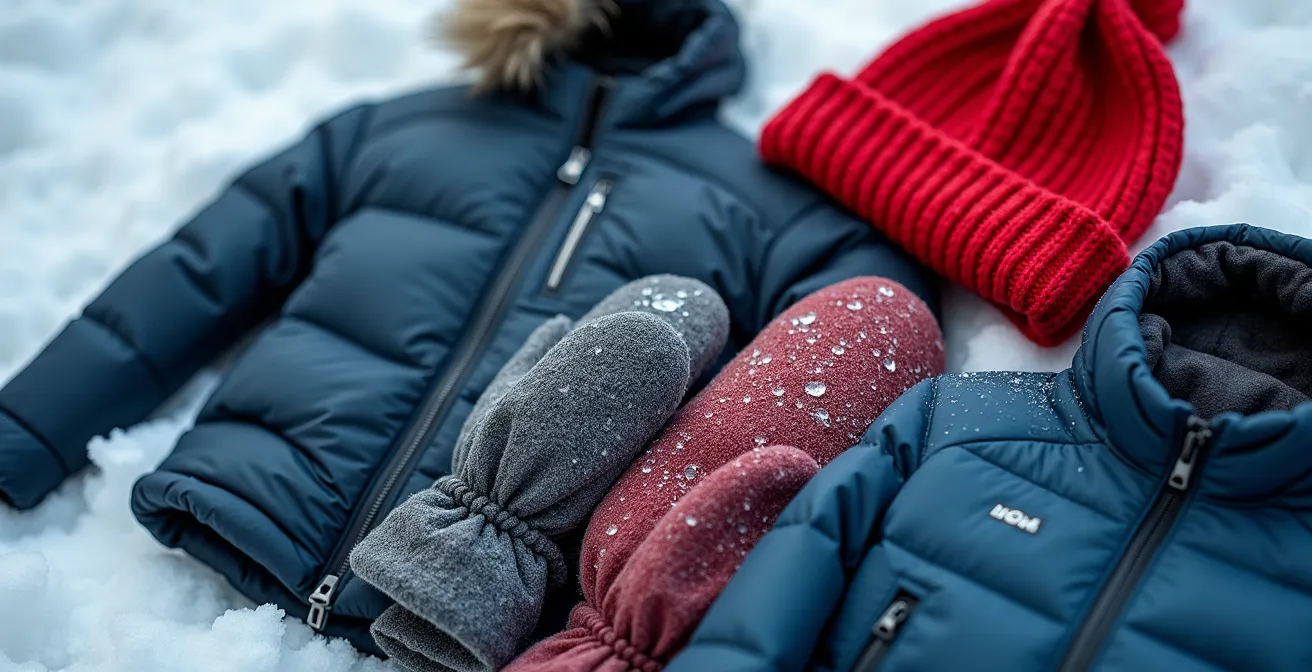 Ensemble complet de vêtements d'hiver québécois disposés sur fond de neige, montrant le principe des couches.