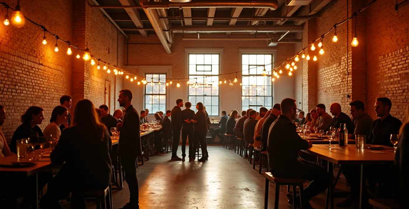 Vue d'ensemble d'un espace de réseautage lors d'un événement festival en soirée à Montréal