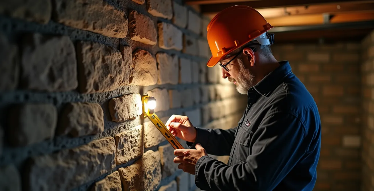 Ingénieur inspectant les fondations en moellons d'un vieux duplex québécois avec équipement professionnel
