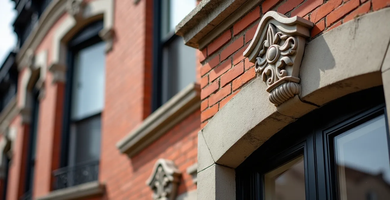 Façade restaurée d'un triplex patrimonial montréalais montrant la brique nettoyée et les ornements architecturaux rénovés