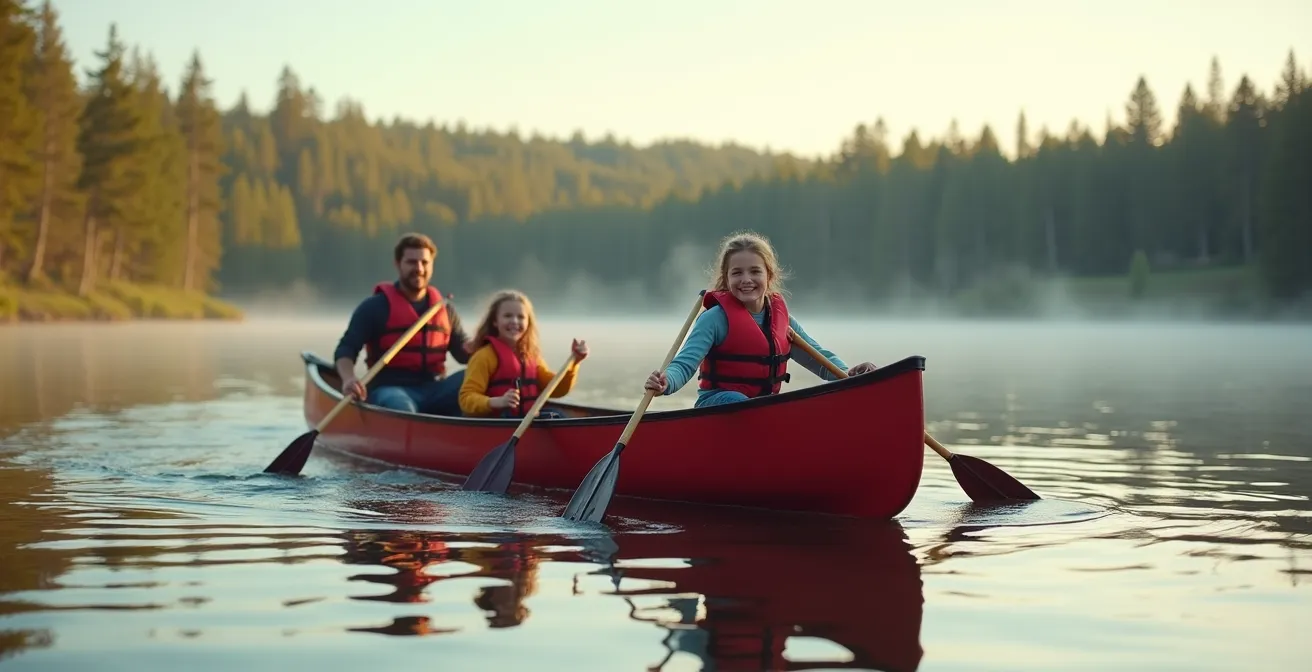 Parents et enfants pagayant dans un canot rouge sur un lac calme entouré de forêt boréale