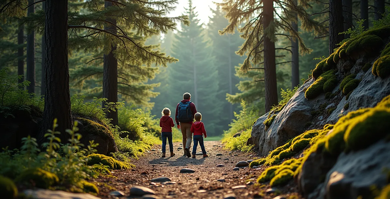Famille en randonnée sur sentier forestier québécois avec enfants observant la nature