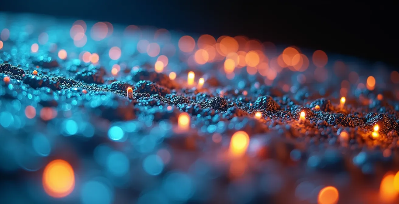 Installation d'art numérique interactive dans un espace de diffusion québécois, montrant la texture de la lumière projetée.