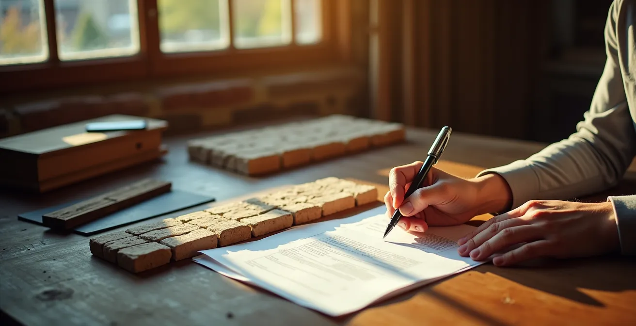 Bureau avec documents de demande de subvention, échantillons de matériaux patrimoniaux et mains remplissant formulaires