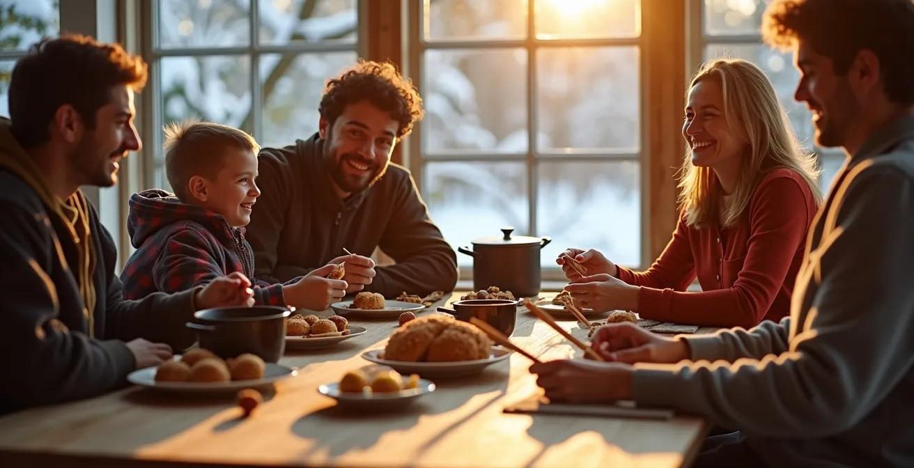 Rassemblement familial dans une cabane à sucre moderne avec éléments nordiques