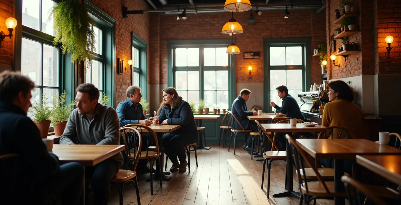 Conversation animée dans un café de quartier montréalais typique