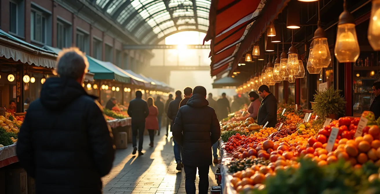 Scène d'immersion linguistique dans l'ambiance vivante du marché Jean-Talon à Montréal.