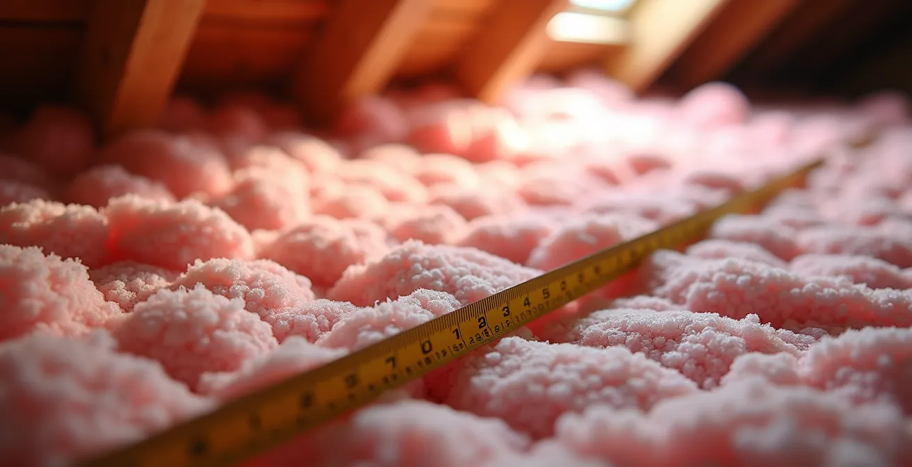 Inspection de l'isolation du grenier d'une maison québécoise avec mesure de l'épaisseur