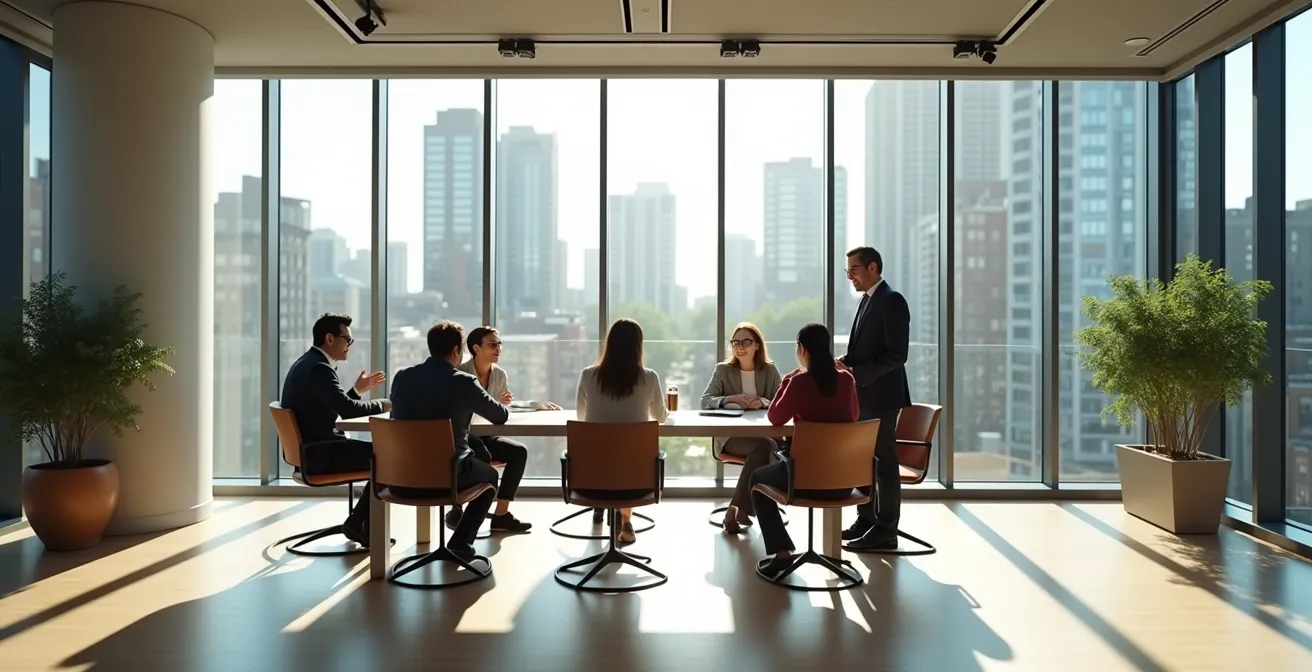 Groupe de professionnels échangeant dans un espace de coworking moderne à Montréal