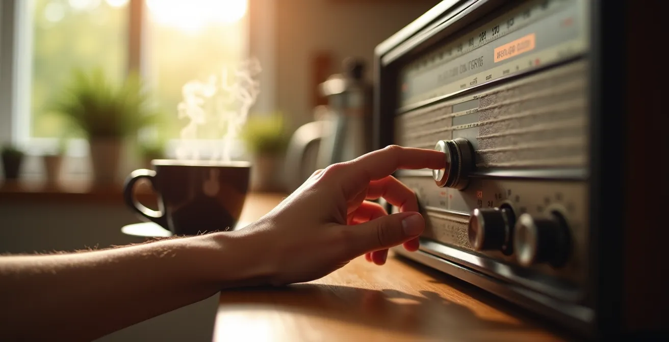 Personne écoutant attentivement une radio québécoise dans sa cuisine