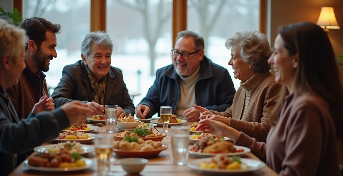 Groupe multiculturel partageant un repas communautaire dans un centre d'accueil québécois