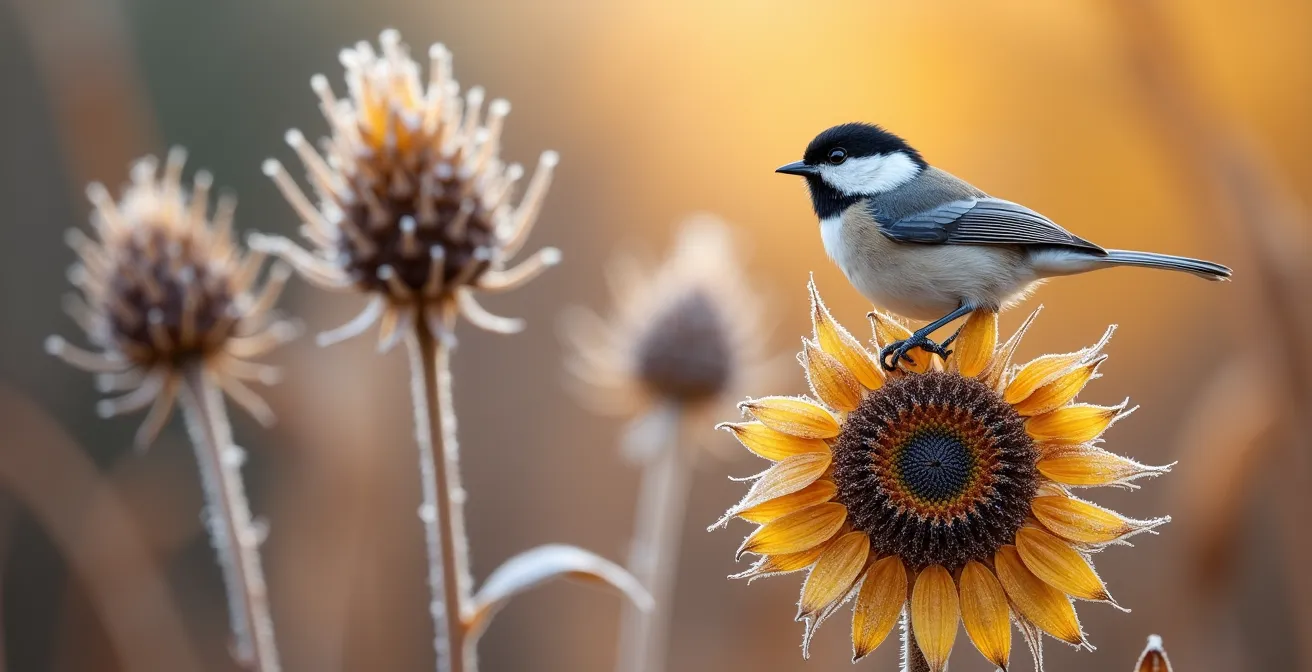 Jardin québécois en automne avec tiges séchées et têtes de graines laissées pour les oiseaux
